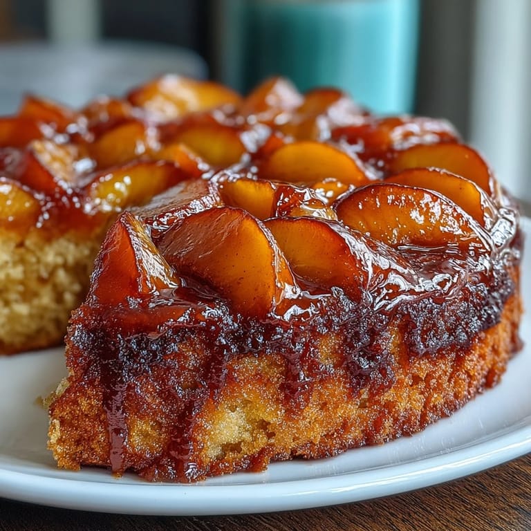 Delicioso pastel de melocotón volteado con azúcar morena cubierto de frutas jugosas.