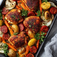 Un plato de carne y chorizo con verduras.