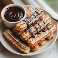 A plate of food with a fork and a bowl of chocolate sauce.
