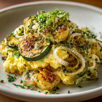 Zarangollo Murciano cremoso con huevos revueltos, cebolla caramelizada y calabacín tierno, perfecto para Cuaresma.