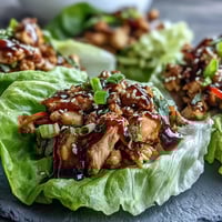 Envoltorios de lechuga asiáticos ligeros con pollo y salsa hoisin, con verduras crujientes y sabores equilibrados.  