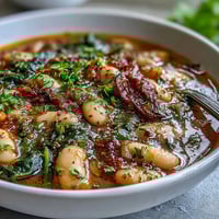 Sopa de frijoles blancos toscana con pan de ajo en un tazón rústico, acompañada de pan dorado y crujiente.  