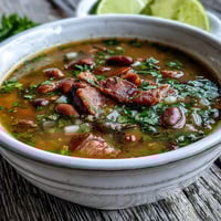 Un tazón humeante de sopa de jamón y frijoles pintos con verduras frescas y especias Tex-Mex.