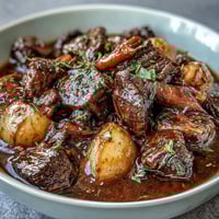 Un guiso de res abundante con carne tierna y vegetales de raíz en un caldo rico y aromático.