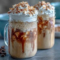 Iced Vanilla Bean Frappuccino con Espuma de Coco Tostado: bebida cremosa y refrescante con vainilla real y espuma de coco tostado, perfecta para el verano.  