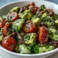 Ensalada refrescante de pepino, tomate y aguacate con aderezo de limón.  