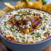 Dip cremoso de elote con queso cotija y toques de lima, servido con crujientes chips de tortilla para una experiencia mexicana auténtica.