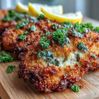 Crujiente horneado de schnitzel, dorado y tierno, servido con gajos de limón.